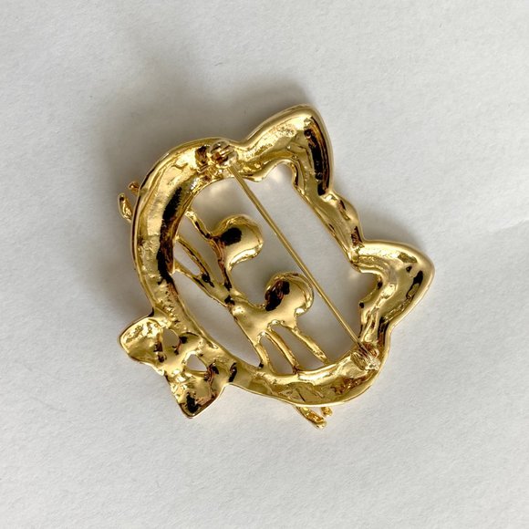 Gold Cat Face Rhinestone Pin Brooch (2 Inches) - Picture 2 of 5